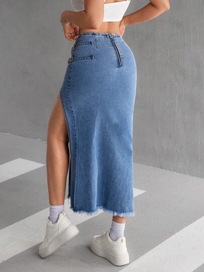 EZwear تنورة جينز كاجوال طويلة مزينة بفتحات على الجوانب وخصر مطوق خاص بالسيدات