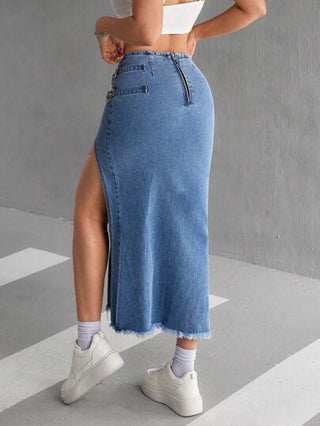 EZwear تنورة جينز كاجوال طويلة مزينة بفتحات على الجوانب وخصر مطوق خاص بالسيدات