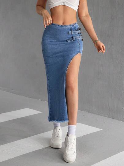 EZwear تنورة جينز كاجوال طويلة مزينة بفتحات على الجوانب وخصر مطوق خاص بالسيدات
