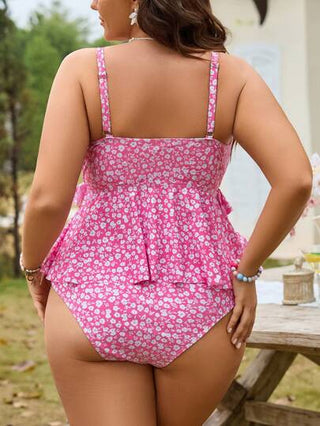Swim Mod مجموعة ملابس سباحة تانكيني كبيرة الحجم مزينة بنقوشات الأزهار، قطعة علوية مزينة بالكشكشة وقطعة سفلية ذات خصر عالٍ، مميزة وجذابة للصيف
