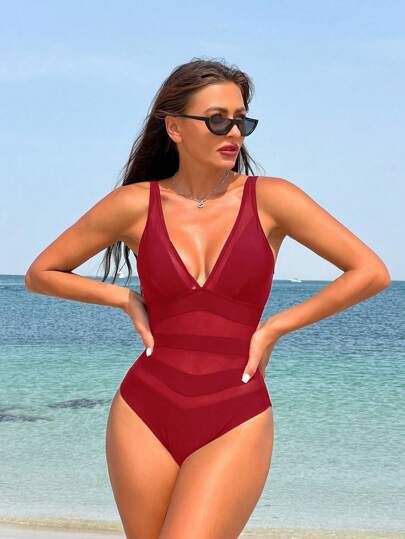 مايوه حريمي قطعة واحدة Swim Vcay بدلة سباحة نسائية قصيرة قطعة واحدة قالب بسيط لامع بدون أكمام، مناسبة للصيف