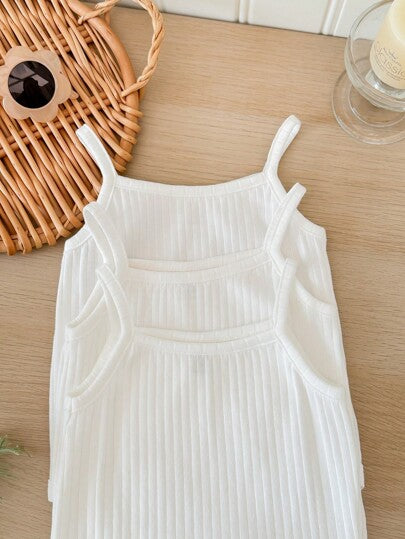 SHEIN LMoss Kids مجموعة 3 قطع بدلة داخلية للأطفال الرضع البنات الجميلة بحمالات مضفرة بيضاء للصيف