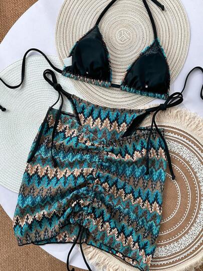 Bikinx بيكيني نسائي بطبعة الموجة مع توب تحتها و تنورة للتغطية، بتصميم مثير لأجازة الصيف والشاطئ