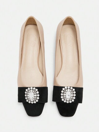 MOTF PREMIUM أحذية نسائية عصرية بتفصيل ماري جين ذات أصبع مربع والكعب المربع وتصميم من الراين ستون، مناسبة للربيع والصيف