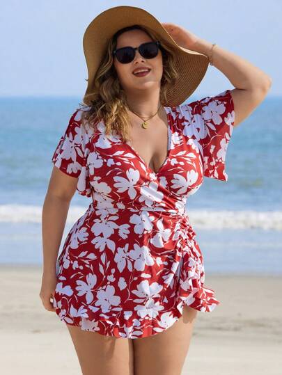 Swim Lushoire 2 قطعة للمرأة ذات الحجم الكبير بطبعة الأزهار تصميم قصير مفتوح مع رباط، بدلة سباحة أنيقة للإجازة البحرية،ملابس سباحة صيفية