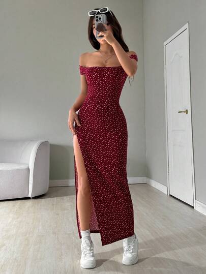 SHEIN EZwear فستان نسائي طويل بطبعات كاملة وفتحة جانبية واسعة عند الكتف