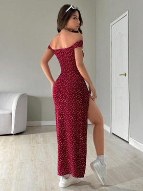 SHEIN EZwear فستان نسائي طويل بطبعات كاملة وفتحة جانبية واسعة عند الكتف