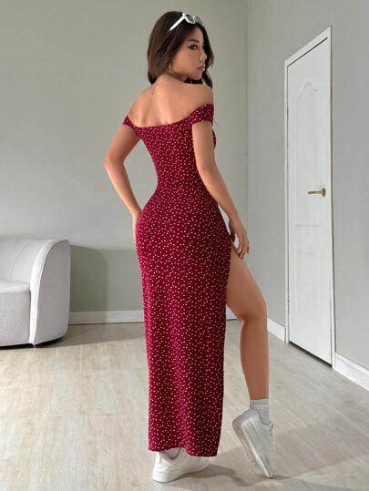 SHEIN EZwear فستان نسائي طويل بطبعات كاملة وفتحة جانبية واسعة عند الكتف