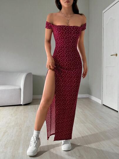 SHEIN EZwear فستان نسائي طويل بطبعات كاملة وفتحة جانبية واسعة عند الكتف
