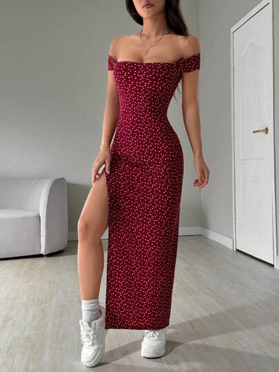 SHEIN EZwear فستان نسائي طويل بطبعات كاملة وفتحة جانبية واسعة عند الكتف