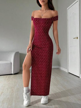 SHEIN EZwear فستان نسائي طويل بطبعات كاملة وفتحة جانبية واسعة عند الكتف