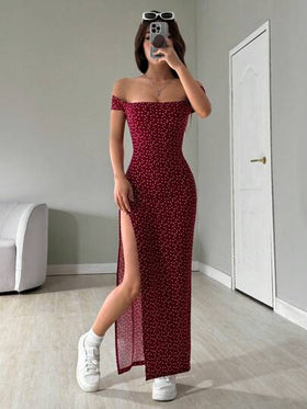 SHEIN EZwear فستان نسائي طويل بطبعات كاملة وفتحة جانبية واسعة عند الكتف