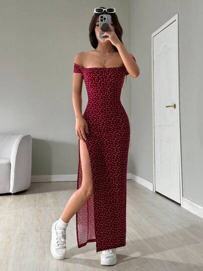 SHEIN EZwear فستان نسائي طويل بطبعات كاملة وفتحة جانبية واسعة عند الكتف