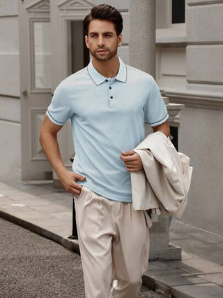 Manfinity Bizformal ملابس علوية كاجوال قصيرة الأكمام مصنوعة من قماش ذو لون قاتم بتفاصيل في الجزء الأمامي، للاستخدام اليومي