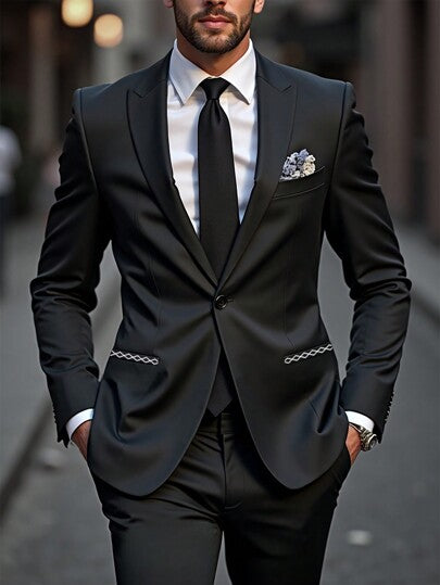 Manfinity Bizformal بدلة رجالية قطعتين، جاكيت ذو ياقة مرتفعة وأكمام طويلة وبنطال، للاستخدام اليومي والذهاب للعمل، للخريف
