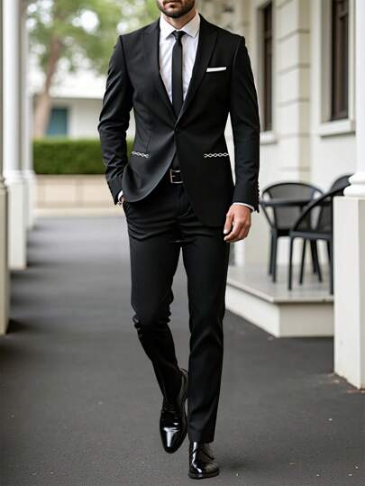 Manfinity Bizformal بدلة رجالية قطعتين، جاكيت ذو ياقة مرتفعة وأكمام طويلة وبنطال، للاستخدام اليومي والذهاب للعمل، للخريف