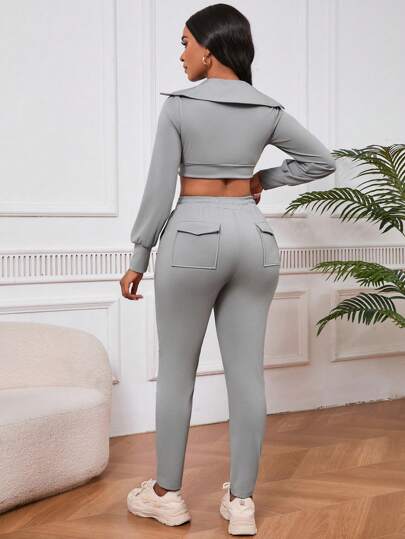SHEIN Slayr طقم بسيط يتكون من قطعتين للنساء من الملابس الرياضية الكاجوال بسحاب