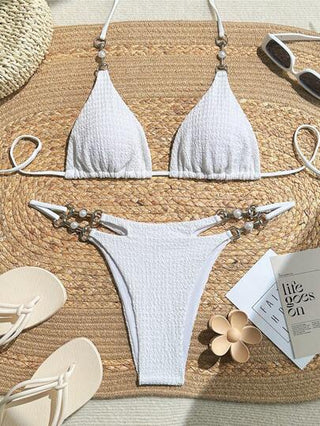 Swim SXY مجموعة بكيني نسائية صيفية أبيضاء بتصميم حوالي الرقبة ، زينة باللؤلؤ ، ملابس شاطئية