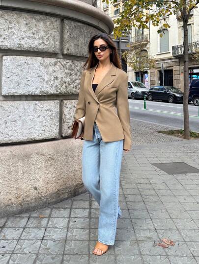 Calvaya معطف نسائي أنيق بلون سادة بياقة مستديرة، ذو أزرار مزدوجة، جيوب مزيفة وأكمام طويلة، بقصة منتظمة، للخريف والشتاء