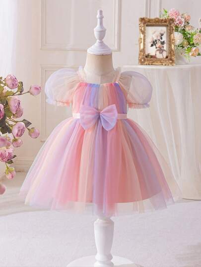 فساتين بيبي Glamorique Kids فستان أميرة ملائكي للبنات الصغار بأكمام منفوشة مك ّشكل مزخرف بطبقة شبكية ملونة، مناسب للحفلات، فستان بطبقة شبكية