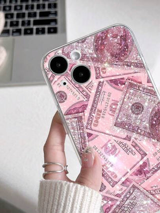 قطعة واحدة غلاف هاتف شفاف مزين بشعار الدولار اللامع ومصمم بثقوب للهواتف الذكية من طراز iPhone 11/12/13/14/15/16 Pro Max مقاوم للانزلاق