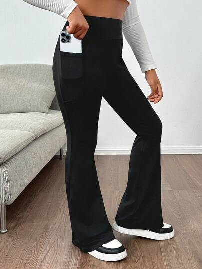 SHEIN Girlism بنطلونات يوجا بخصر مرتفع مرن ضيق للفتيات المراهقات، بجيوب وحامل هاتف، بساق متسعة متعددة الاستخدامات للراحة والخارج