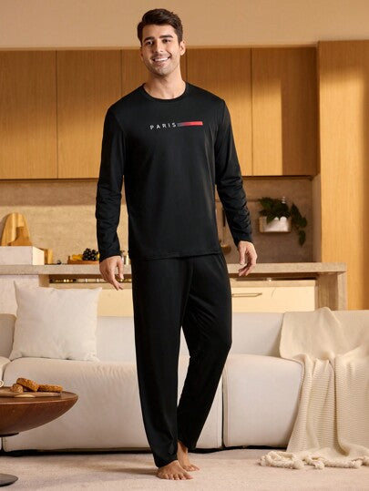 Manfinity Underwear&Sleepwear Basics ملابس علوية رجالية طويلة الأكمام مطبوع عليها حروف، مريحة وأنيقة التفاصيل، للخريف والشتاء