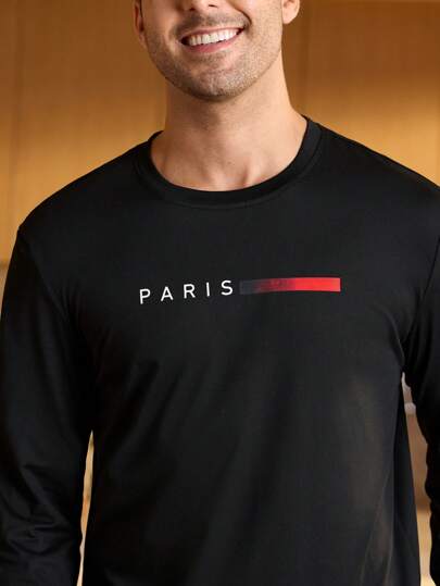 Manfinity Underwear&Sleepwear Basics ملابس علوية رجالية طويلة الأكمام مطبوع عليها حروف، مريحة وأنيقة التفاصيل، للخريف والشتاء