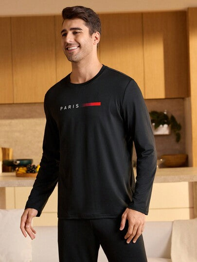 Manfinity Underwear&Sleepwear Basics ملابس علوية رجالية طويلة الأكمام مطبوع عليها حروف، مريحة وأنيقة التفاصيل، للخريف والشتاء