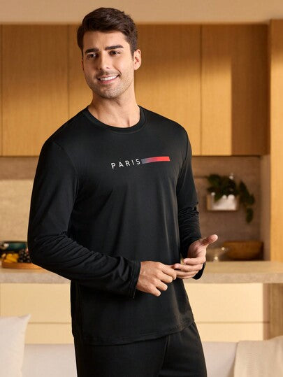 Manfinity Underwear&Sleepwear Basics ملابس علوية رجالية طويلة الأكمام مطبوع عليها حروف، مريحة وأنيقة التفاصيل، للخريف والشتاء