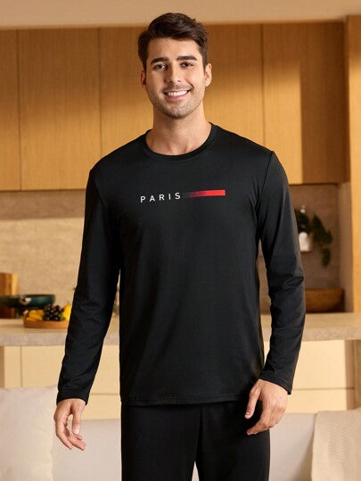 Manfinity Underwear&Sleepwear Basics ملابس علوية رجالية طويلة الأكمام مطبوع عليها حروف، مريحة وأنيقة التفاصيل، للخريف والشتاء