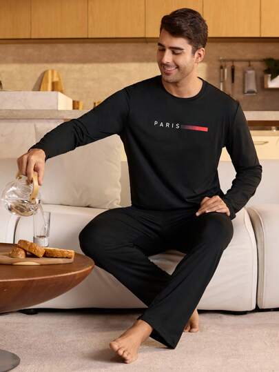 Manfinity Underwear&Sleepwear Basics ملابس علوية رجالية طويلة الأكمام مطبوع عليها حروف، مريحة وأنيقة التفاصيل، للخريف والشتاء