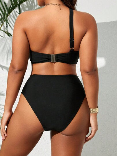 Swim SXY بدلة سباحة قطعة واحدة للسيدات ذات لون واحد صلب وخصر عالي ومقسم بشكل غير متماثل، مناسبة للإجازات الصيفية والأنشطة اليومية