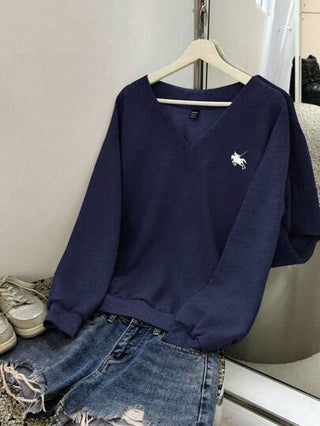 EZwear بلوزة رياضية فضفاضة بياقة على شكل حرف V لربة المنزل، فضفاضة غير رسمية ذات طبعة حصان تصميم بسيط، مناسبة للخريف والشتاء