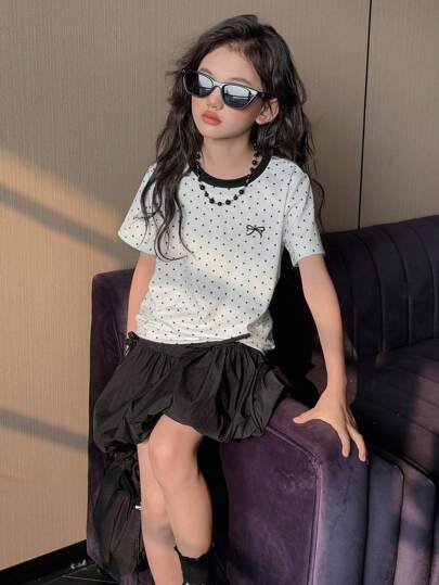 girls-sets DAZY 2 قطعة/مجموعة طقم ملابس علوية كم قصير بياقة دائرية ذات طباعة مجسمة كاملة والتنورة المطابقة للفتيات المراهقات