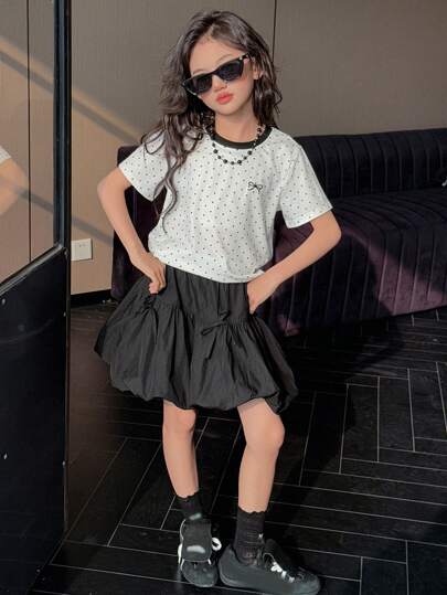 girls-sets DAZY 2 قطعة/مجموعة طقم ملابس علوية كم قصير بياقة دائرية ذات طباعة مجسمة كاملة والتنورة المطابقة للفتيات المراهقات