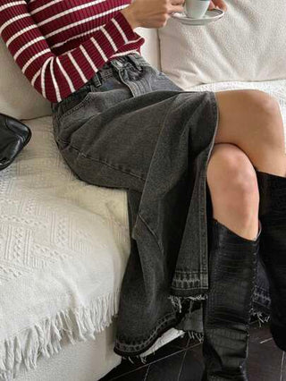 DAZY تنورة جينز طويلة كاجوال مع شق وهامش متدلي للنساء