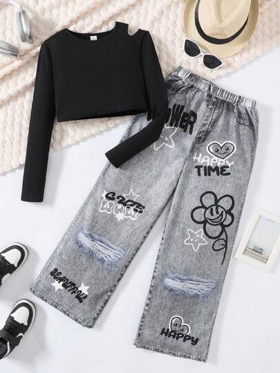 girls-sets مجموعة تي شيرت وبنطلون فضفاض بتصميم راحة للفتيات المراهقات، مريح، فضفاض، عادي، بياقة مستديرة وفتحات على الكتف ، قطعتان