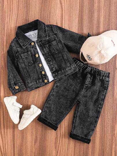 SHEIN Playful Pals مجموعة قميص جاكيت جينز منزلق أسود ورد غسيل متقطع، وبنطال جينز محروق مغسول بينهما للأولاد الرضع، طقم كاجوال موضة مناسب للربيع والخريف والجميع المواسم