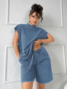 SHEIN SXY ملابس كاجوال قطعتين من توب أكمام قصيرة بياقة واقفة وشورت