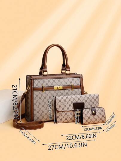 طقم حقيبة يد وحقيبة كتف وحقيبة سستة من الجلد الصناعي متعدد الألوان المربع، مناسب للاستخدام اليومي للنساء متوسطات السن، سعة كبيرة شنطه جامعه شنط جامعات شنطة ظهر للسفر حقيبه جامعه