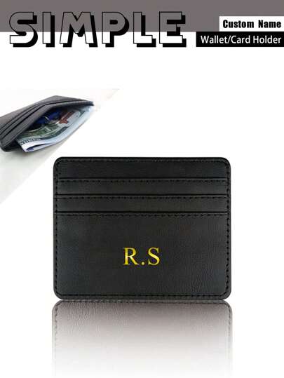 محفظة جلدية صغيرة رقيقة، ذات لون أحادي، محفورة بطريقة الحرارة الذهبية بالاحرف الأولى أو الاسم المخصص والمناسب للرجال والنساء ، 4 فتحات لبطاقات الهوية وبطاقات الائتمان، هدية مثالية لعيد الحب