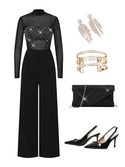 SHEIN Clasi ارتداء نسائي أنيق للحفلات، جمبسوت سبارك لامعة مزينة براينستون وشبكية مع أكمام طويلة وسراويل واسعة