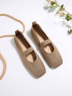 صنادل مسطحة نساء نوع ماري جين سهلة الارتداء، أحذية ربيعية/صيفية بنعل مربع محاك وباكل