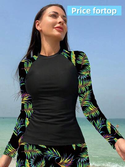 طقم تانكيني حريمي Swim SPRTY ملابس علوية لباس السباحة كاجوال بأكمام بقلم أكمام مطبوع بنباتات استوائية للسيدات، صيفي
