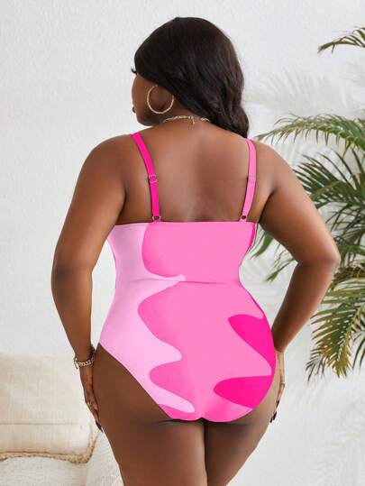 SHEIN Slayr CURVE بدلة سباحة قطعة واحدة مبسطة ملونة ذات تصميم بسيط لمقاسات كبيرة, مناسبة للصيف