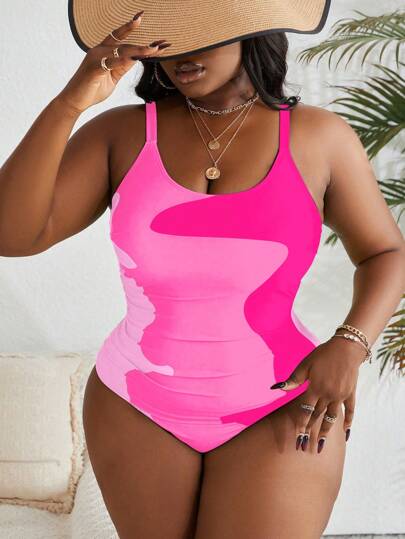 SHEIN Slayr CURVE بدلة سباحة قطعة واحدة مبسطة ملونة ذات تصميم بسيط لمقاسات كبيرة, مناسبة للصيف