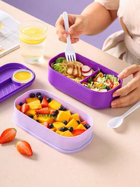 1 صندوق غداء كرتوني مزدوج للطلاب مع حجرة للأرز، سعة كبيرة مع أدوات المائدة، قابل للتسخين بالميكروويف، صندوق غداء للأطفال