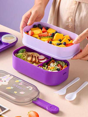 1 صندوق غداء كرتوني مزدوج للطلاب مع حجرة للأرز، سعة كبيرة مع أدوات المائدة، قابل للتسخين بالميكروويف، صندوق غداء للأطفال