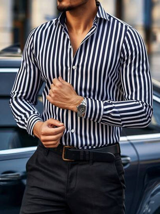 Manfinity Homme قميص متجنب للرجال، كاجوال، مخطط الأكمام طويلة، خريف